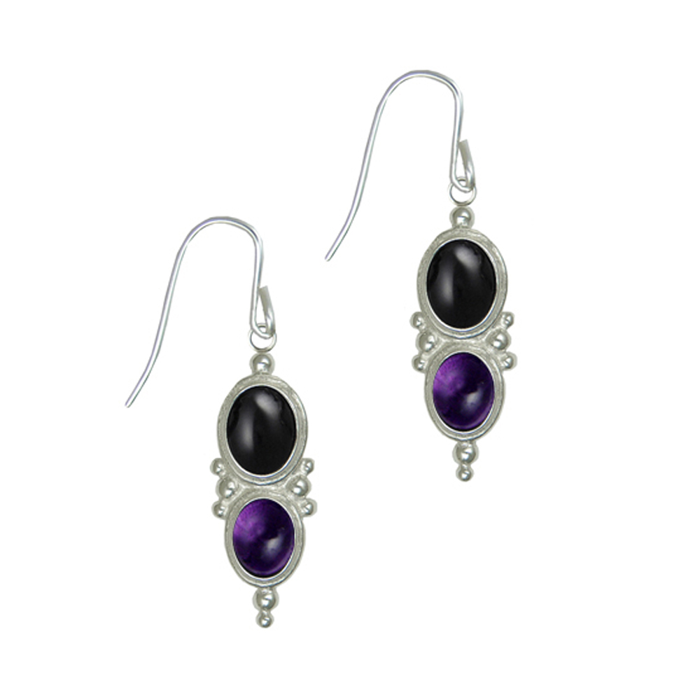 Sterling Silver Black Onyx And Amethyst Gemstone Drop Dangle Earrings